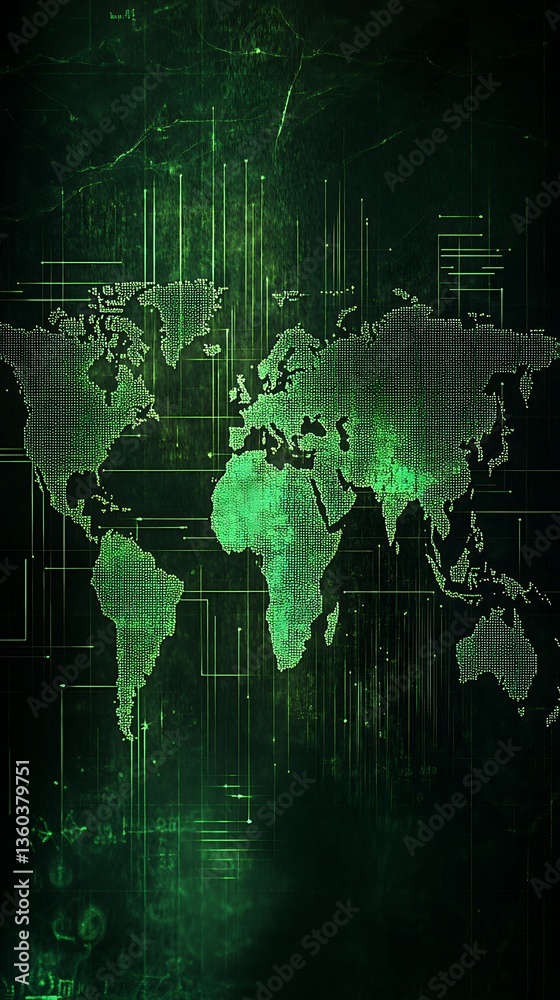Poster abstract world map technology style on green grunge background with lights