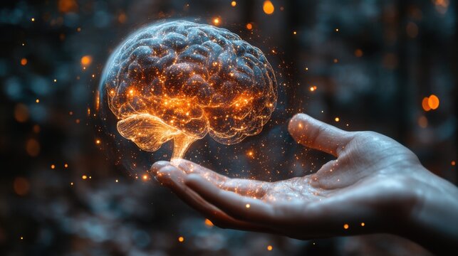Person holding a floating digital hologram projection of a human brain on dark background