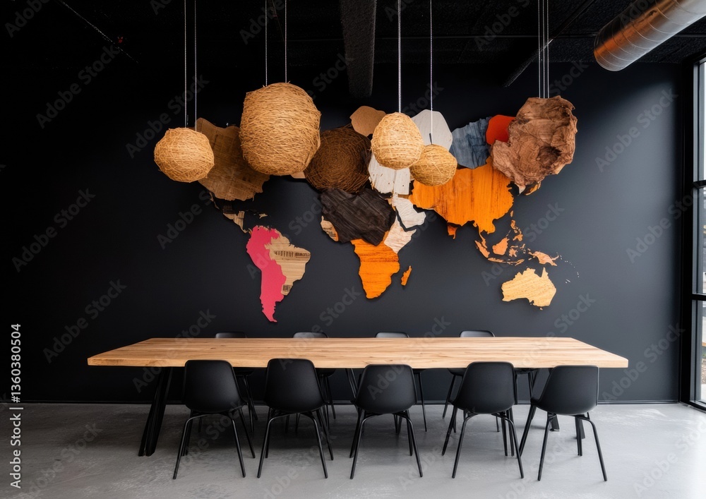 Poster global connectivity hub minimalist conference space with textural world map installation - innovativ