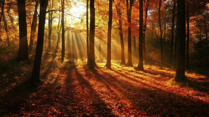 Fototapeta premium Autumn Forest with Golden Light The golden light of autumn filters through the trees in a forest, casting long shadows across the forest floor. Leaves in varying shades of red, yellow,