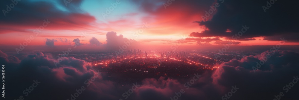 Poster Neon Dystopian Cityscape Immersive Digital Network Visualization of Urban Connectivity, Futuristic Infrastructure and AI-Powered Smart City Technological Transformation