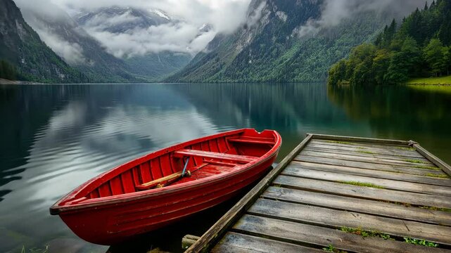 A red rowboat is tied to a wooden dock on a tranquil lake surrounded by mountains shrouded in mist.
Concept of: Peaceful escape to nature.