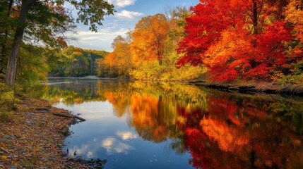 Obraz premium Vibrant Autumn Foliage Along a Riverbank Along a winding riverbank, trees are bursting with vibrant autumn colors of red, orange, and yellow, their reflection mirrored in the calm water 