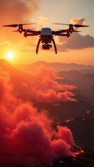 Fototapeta premium Drone monitoring a wildfire at sunset with a dramatic sky and mountains in the background.
