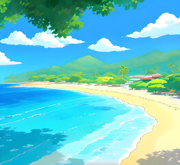 A serene watercolor illustration of a beach with palm trees, perfect for use in travel, leisure or relaxation-themed projects drawing imitation, generative ai
