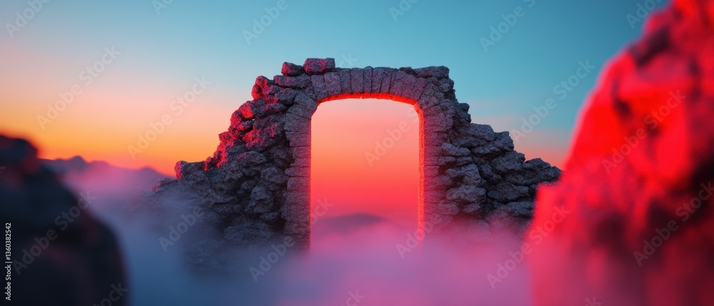 Poster liminal dreamscape ancient stone portal illuminating mystical transitionscape - surreal aesthetic de