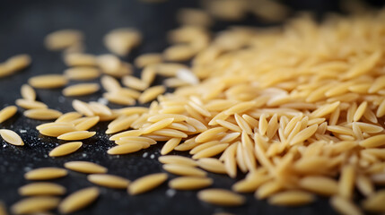 Fototapeta premium An artistic close-up of orzo pasta scattered evenly on a dark, sleek surface, creating a modern and minimalist feel with each distinct grain.