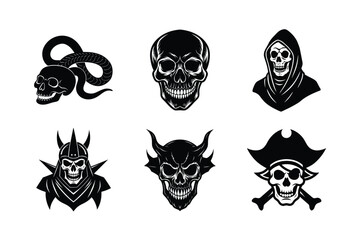 Six black and white skull designs for tattoos, logos, or apparel.