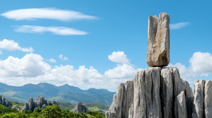 A precariously balanced rock formation stands tall against a vibrant blue sky and lush green mountain landscape on a sunny day offe a stunning natural vista.