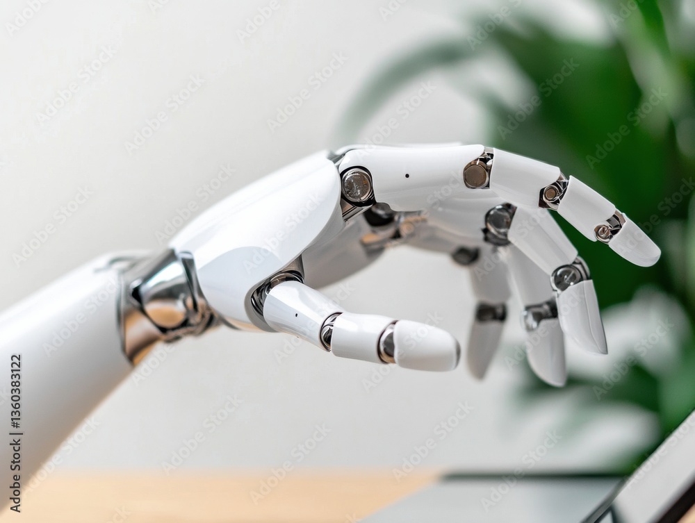 Poster Minimalist AI Interaction Advanced Robotic Hand Gesturing in Sleek White Design - Next-Gen Digital Workspace Innovation for Machine Learning Technologies