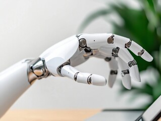 Minimalist AI Interaction Advanced Robotic Hand Gesturing in Sleek White Design - Next-Gen Digital Workspace Innovation for Machine Learning Technologies