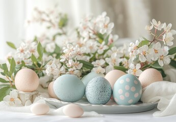 Fototapeta premium Beautiful Arrangement of Decorative Easter Eggs Surrounded by Fresh Blossoms and Soft Fabrics for Spring Celebrations and Festive Decorations