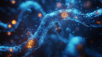 Fototapeta premium Sci-fi DNA chromosome model with plasma energy running through, ultra-detailed, biotechnological evolution, cinematic lighting 