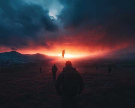 Cinematic Military Resilience Air Force Reserve Birthday Sunset Tribute - Heroic Silhouettes Embodying Patriotic Strength and Digital-Age Inspiration