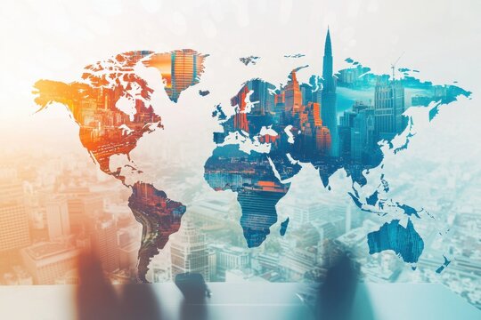 A vibrant world map overlaid with urban skylines in warm and cool tones, symbolizing global business, travel, and international connections in modern times. - Powered by Adobe
