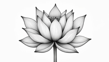 Fototapeta premium Elegant black-and-white lotus flower illustration. Detailed organic shapes with fine flowing lines, forming serene balanced composition. Perfect for design, meditation art. Calm background with copy