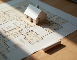 Architectural design concept for new house. Model house on blueprint plans. Drawings, cottage layout, construction project plans. Real estate, home ownership. Building exterior, construction