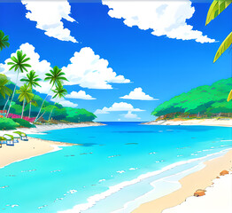 Naklejka premium A serene watercolor illustration of a beach with palm trees, perfect for use in travel, leisure or relaxation-themed projects drawing imitation, generative ai