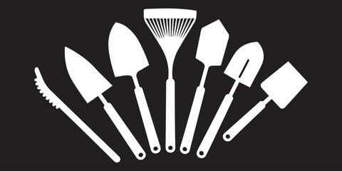 Silhouette Set of Essential Gardening Tools Trowels, Rake, and Spades