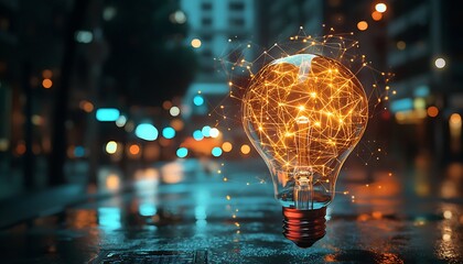 A glowing light bulb with a futuristic network overlay on a city street at night sparks concepts inspiration and innovation.