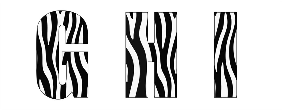 Vector font with zebra pattern on white background.
A set of cartoon letters of english alphabet for
women clothing, fabric, textile, paper, packaging, 
women's handbag, inscription on t-shirt.