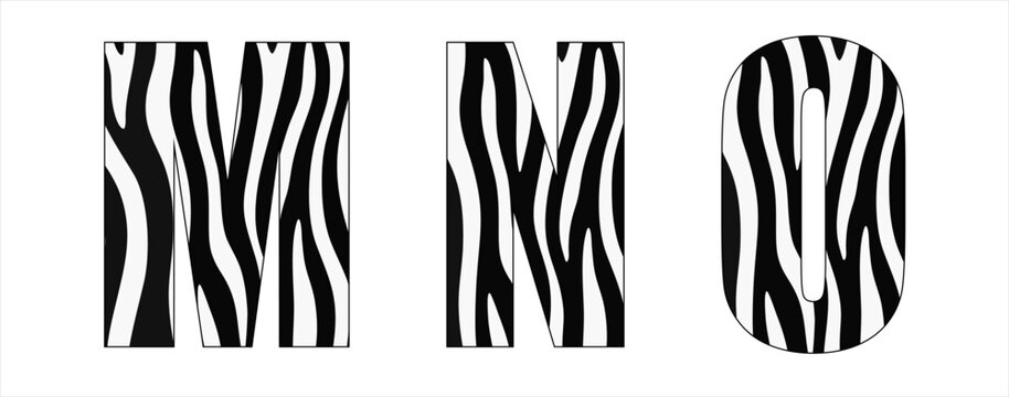 Vector font with zebra pattern on white background.
A set of cartoon letters of english alphabet for
women clothing, fabric, textile, paper, packaging, 
women's handbag, inscription on t-shirt.