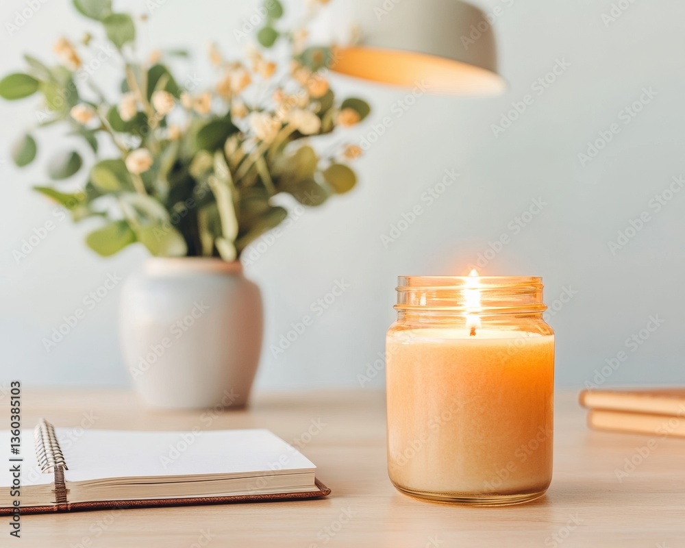 Poster mindful workspace sanctuary soft-glow soy candle styling for wellness-driven home office productivit