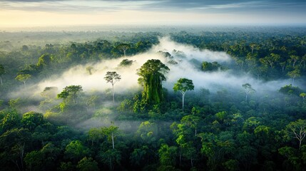 Lush rainforest shrouded in morning mist