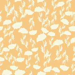 Bicolor contour silhouette seamless pattern with poppy flowers and leaves. Abstract floral spring, summer pastel pattern