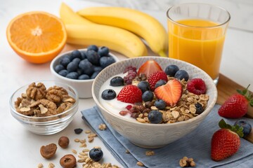 Healthy Breakfast Bowl with Yogurt, Fresh Fruits, Granola, and Nuts
