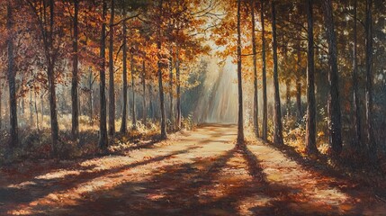Obraz premium Autumn Woodland with Sunlight Through the Trees The sunlight filters through the branches of tall trees, casting long shadows and golden light across the woodland floor. Fallen leaves cover the path,