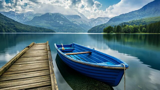 A blue rowboat is docked at a wooden pier on a calm lake with mountains in the background.
Concept of: Tranquil scenery.