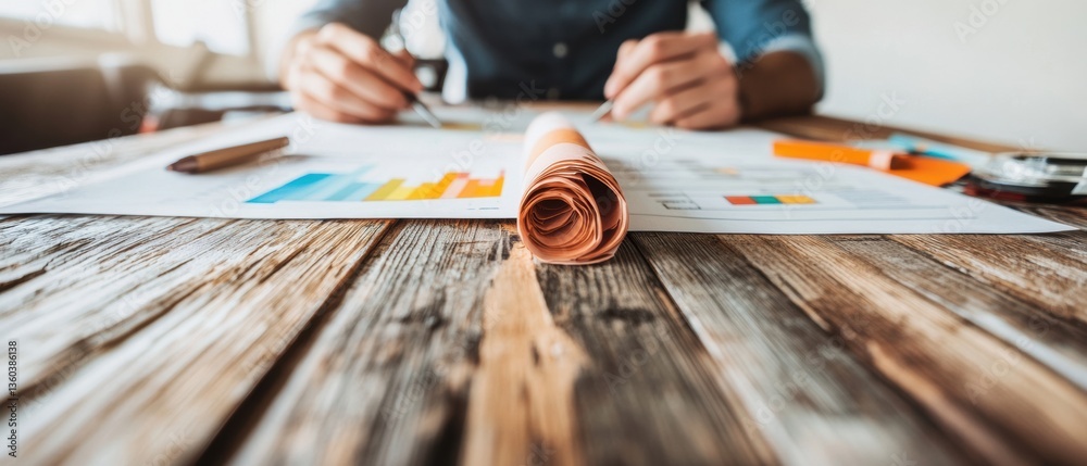 Poster Minimalist Financial Strategy Gen Z Professionals Collaborating on Data-Driven Investment Analytics with Blurred Workspace Texture and Dynamic Visualization