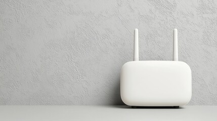 A modern white wireless router sits against a textured grey wall providing high-speed internet connection for home or office use.
