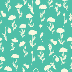 Bicolor contour silhouette seamless pattern with poppy flowers and leaves. Abstract floral spring, summer pastel pattern
