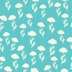 Bicolor contour silhouette seamless pattern with poppy flowers and leaves. Abstract floral spring, summer pastel pattern