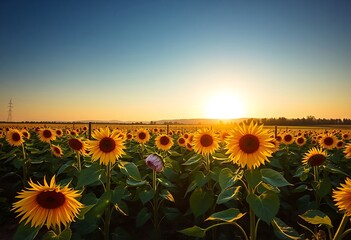 Obraz premium A field of sunflowers basking in the warm glow of the sunset