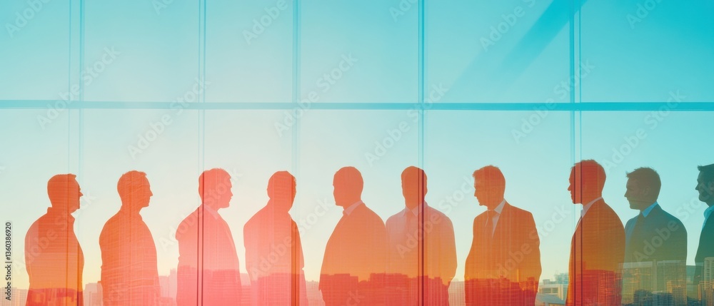 Poster Future-Forward Global Strategy Silhouetted Professionals Navigating Digital Transformation in Collaborative Panoramic Business Landscape with Gradient Innovation Aesthetics