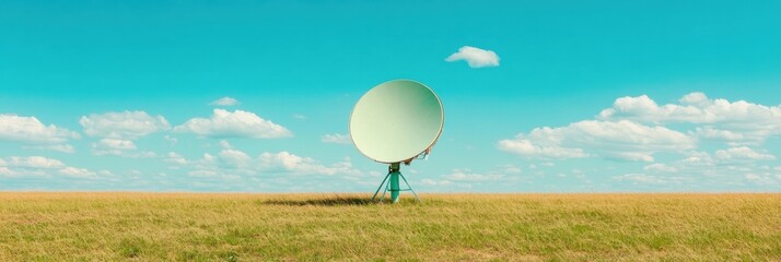 Climate Tech Innovation Sustainable Weather Monitoring Satellite Dish in Minimalist Grassland Landscape - Next-Gen Environmental Data Collection