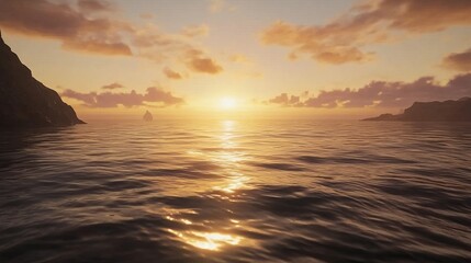 Fototapeta premium A serene ocean at sunset, with the sun dipping below the horizon and casting a golden glow on the water. The sky is a mix of warm oranges, pinks, and purples, and the waves are calm. 