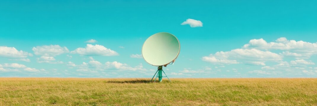Climate Tech Innovation Sustainable Weather Monitoring Satellite Dish in Minimalist Grassland Landscape - Next-Gen Environmental Data Collection