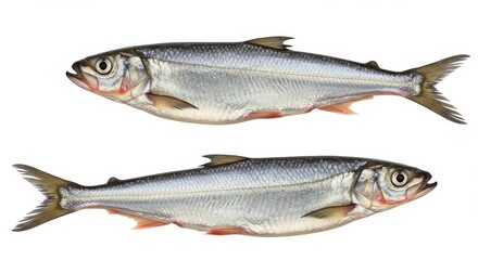 Obraz premium Alewife Fish Duo on White - Two fresh alewife fish, symbols of purity, nature, food source, aquatic life, and healthy eating, displayed against a clean white background.
