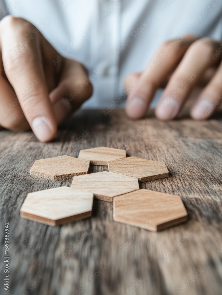 Poster minimalist strategic planning wooden hexagonal blocks reveal innovative problem-solving in corporate