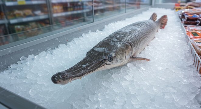 Alligator Gar on Ice Supermarket Display - Fresh Alligator Gar on ice, supermarket seafood display, cold, pristine, market. Symbolizes freshness, nature, commerce, food, and the wild.