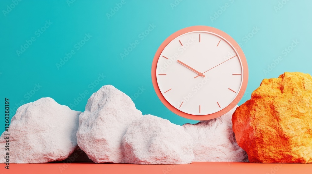 Poster surreal temporal landscape minimalist clock design exploring climate consciousness with vibrant geol