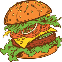 Juicy Cheeseburger Illustration with Bold Colors