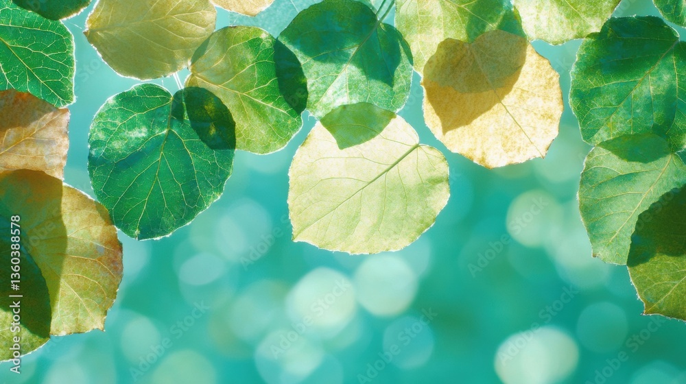 Poster luminous biophilic nature textures soft green leaf translucency with aqua bokeh - eco-wellness visua