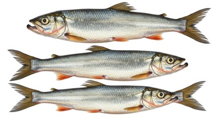 Fototapeta premium American Shad Trio on White - Three American Shad, fresh from the water, symbolize purity, abundance, nature, nourishment, and healthy eating. A clean, white background enhances their natural beauty.