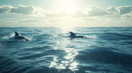 Fototapeta premium A serene ocean with a pod of dolphins swimming near the surface, their fins breaking the water. The sunlight reflects off the waves, creating a sparkling effect. 