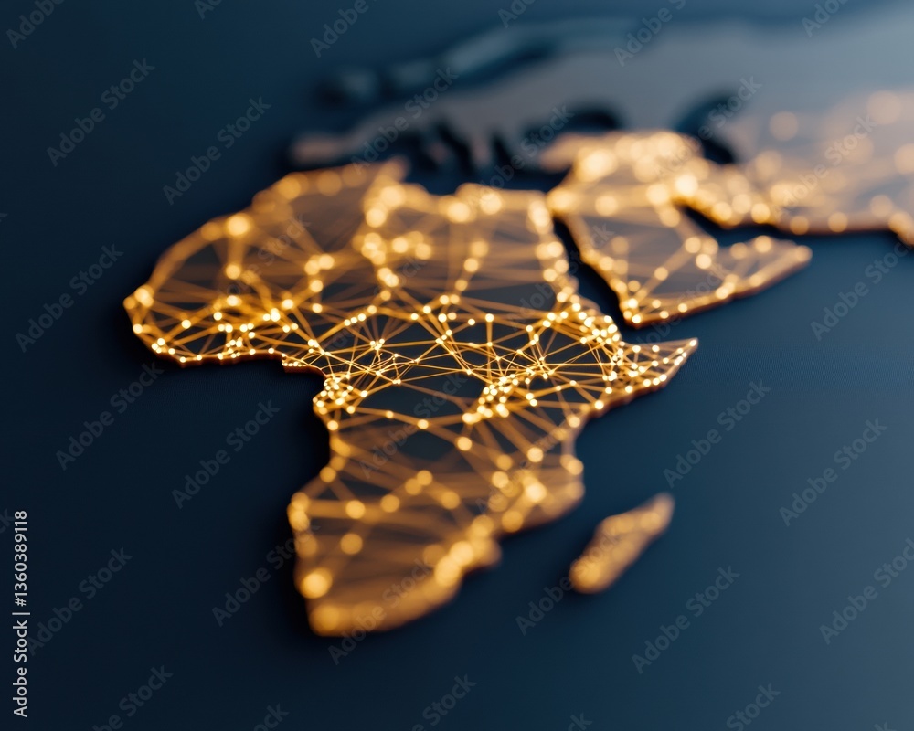 Aufkleber Digital Africa Transformative Network Connectivity Visualizing Emerging Market Potential through Glowing Geospatial Technological Infrastructure Mapping